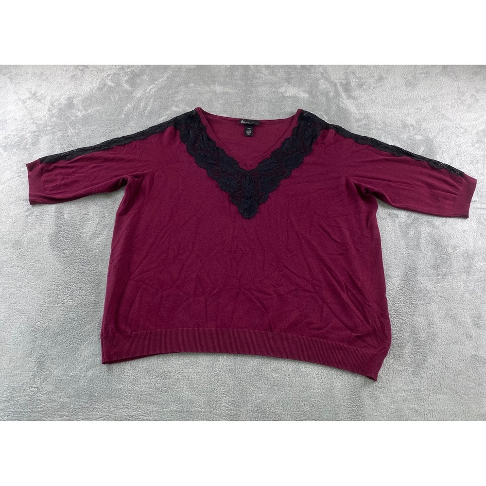 Lane Bryant Burgundy Lace Trim V-Neck Sweater Womensโ 22/24 3/4 Sleeve Pullover